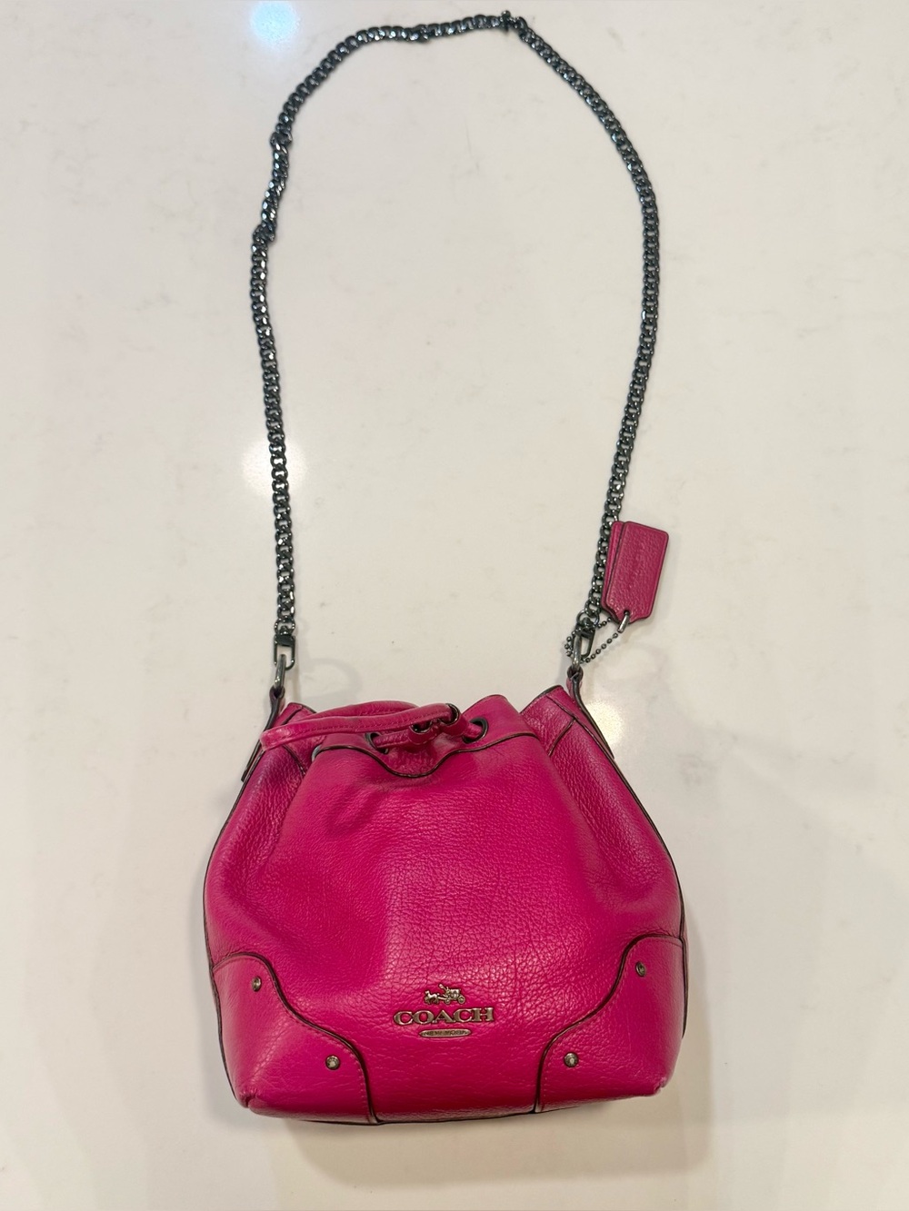 VTG Coach NY Bright Pink Leather Baby Mickie Drawstring Bucket Crossbody Handbag